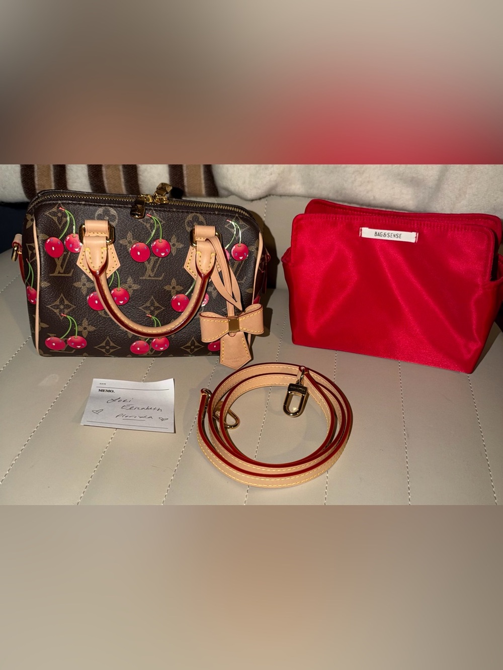 Louis Vuitton Cherry Canvas Mini Speedy Handbag with Red Pouch